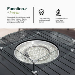Propane FirePit Table: 50,000 BTU Aluminum Slat Top with Lid, Stainless Steel Burner, Windguard, 8KG Glass Beads, 300D PVC Cover, CSA-Listed