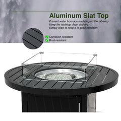 Propane FirePit Table: 50,000 BTU Aluminum Slat Top with Lid, Stainless Steel Burner, Windguard, 8KG Glass Beads, 300D PVC Cover, CSA-Listed