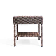 Cambridge Wicker Outdoor End Table with all-weather wicker, slatted top, and built-in shelf for outdoor storage in Oakville, ON.