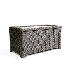 Overhead view of the Laguna Point coffee table with open lid, revealing spacious storage inside and soft-close hinge mechanism