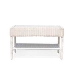 Park Meadows Wicker Outdoor Coffee Table in white cream finish with slatted top, built-in shelf, and robust resin wicker. Perfect for outdoor spaces in Oakville, ON.